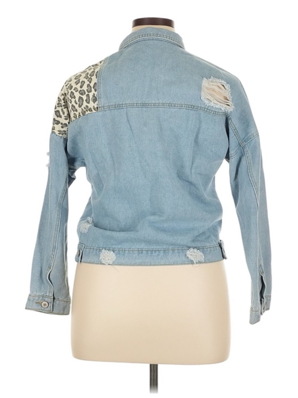 Y2K Leopard Patchwork Denim Jacket Cropped Distressed XL Streetwear - Picture 9 of 15